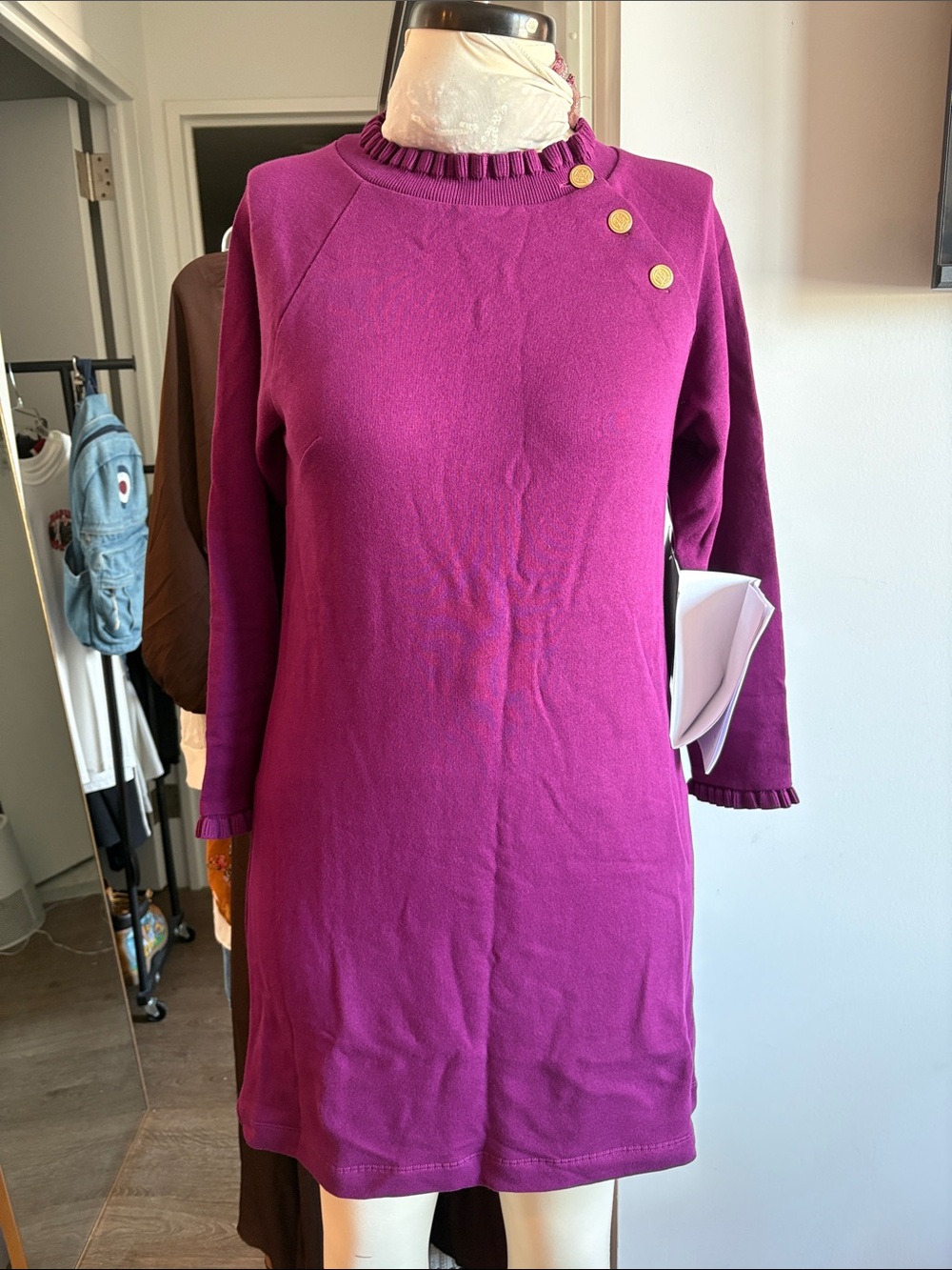 Talbots Magenta Long-Sleeve Knit Shift Dress with Gold Buttons